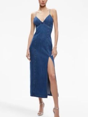 House of Harlow 1960 Blue Denim Midi Slip Dress with High Slit Size XS